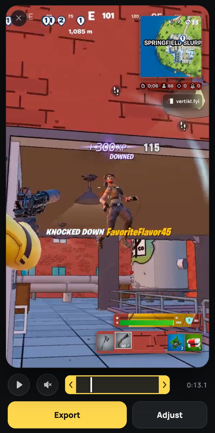 Der Vertikl-Editor auf einem Handy, mit Minikarte, Gesundheit und Waffen auf einem Fortnite-Clip im Hochformat.