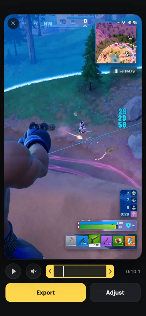The Vertikl editor on a phone after the upload. The vertical preview shows the minimap at the top right and the elimination counter, health bars and weapon slots at the bottom right. A trim bar and the Export and Adjust buttons sit below it.