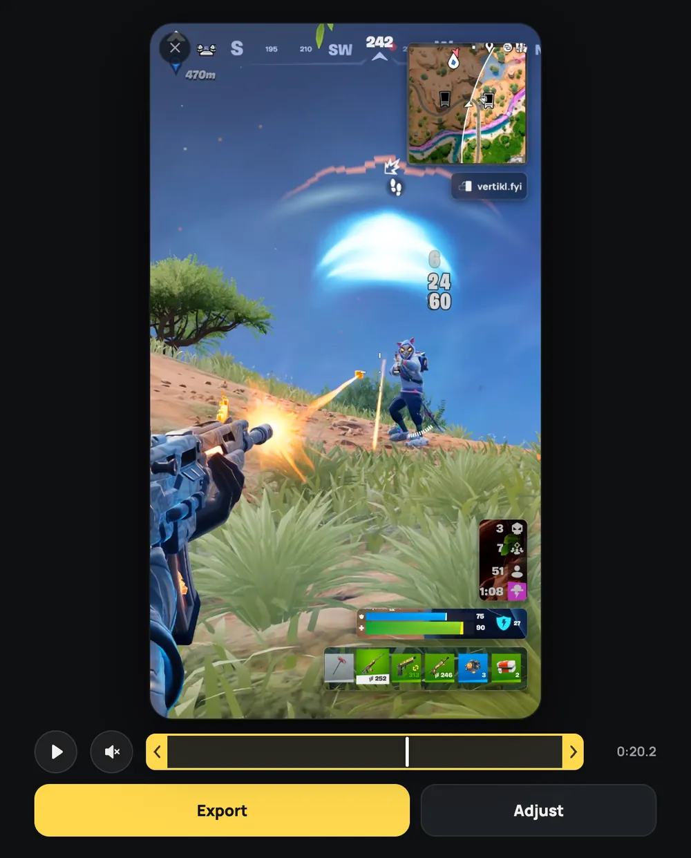 The Vertikl web app in a desktop browser with a Fortnite clip from the NVIDIA app open. The vertical preview shows the gameplay with the minimap at the top right and the elimination counter, health bars and weapon slots at the bottom right. A trim bar and the Export and Adjust buttons sit under it.